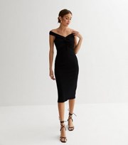 New Look Black Ribbed Twist Bardot Midi Bodycon Dress